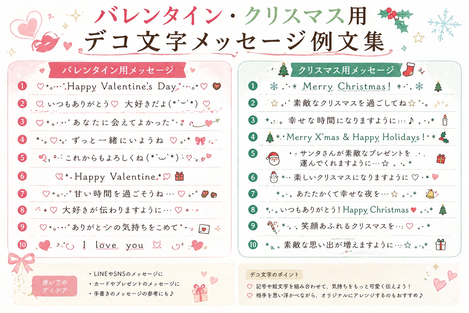 バレンタインとクリスマス用のデコ文字メッセージ例文集。ハートとクリスマスの装飾