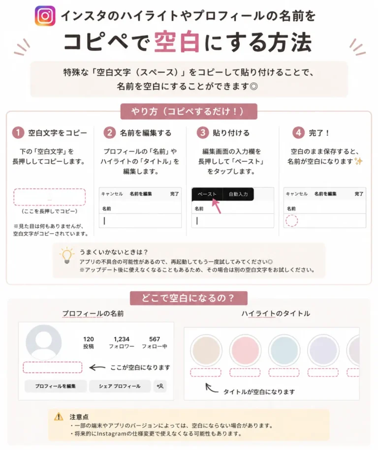 インスタのハイライトやプロフィールの名前をコピペで空白にする方法