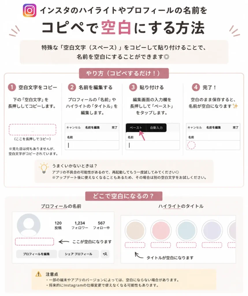 インスタのハイライトやプロフィールの名前をコピペで空白にする方法